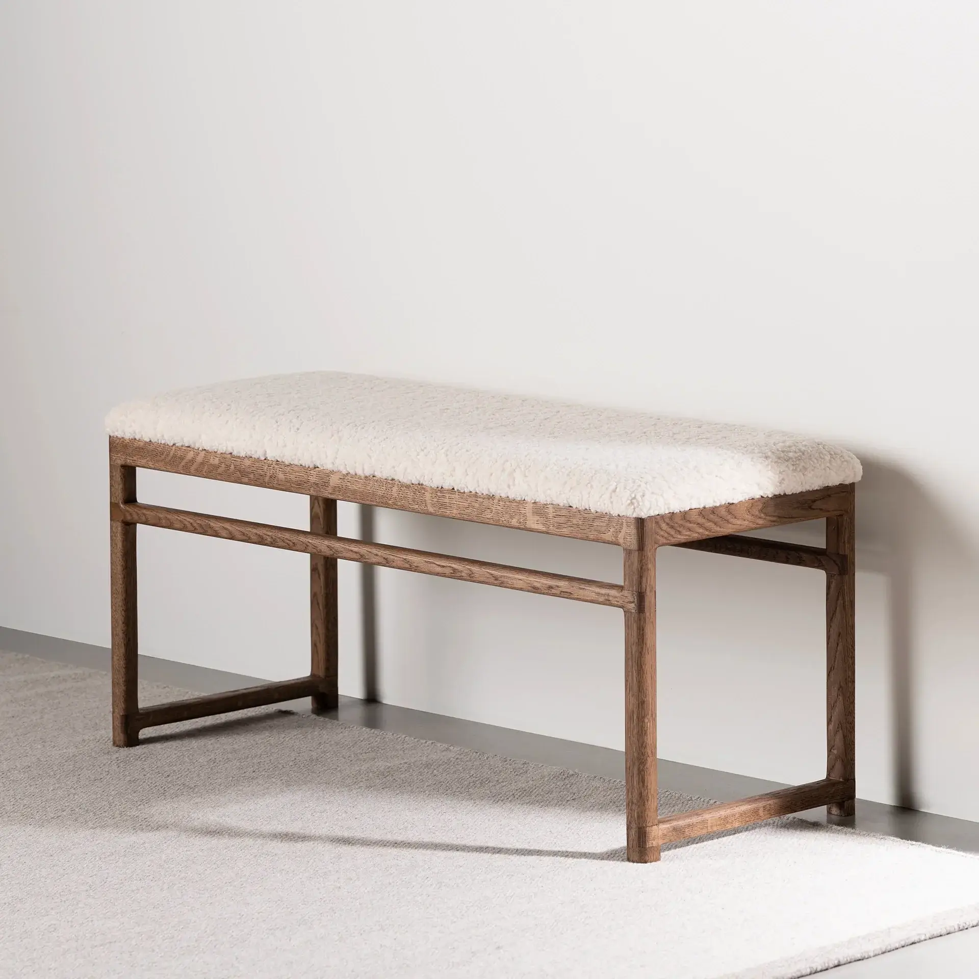 Oak Bench Alva – Dark Oak Frame – Ivory Bouclé Cushion - Image 6