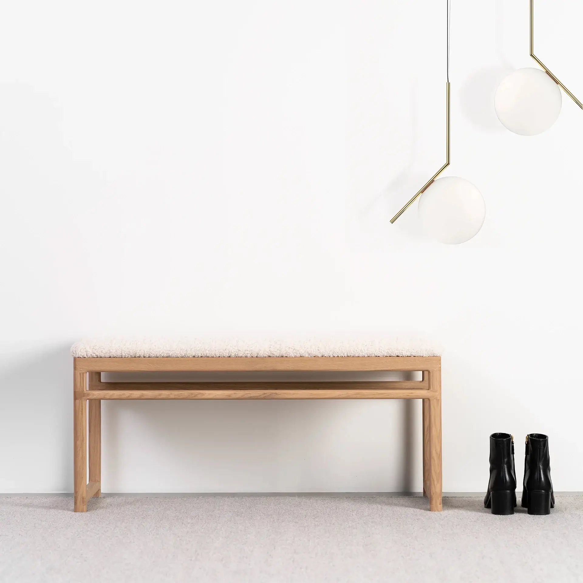 Oak Bench Alva – Oak Frame – Ivory Bouclé Cushion - Image 5