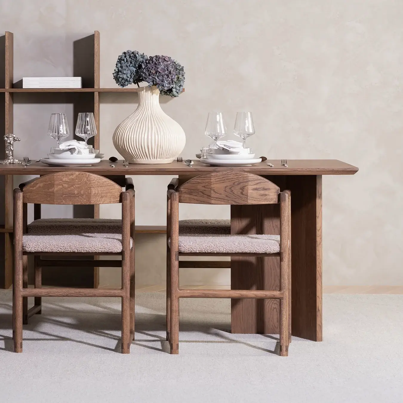 Dining chair Erik - Dark Oak Wood Frame - Greige Bouclé Cushion - Image 3