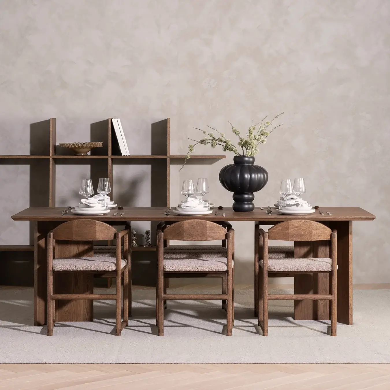 Dining chair Erik - Dark Oak Wood Frame - Greige Bouclé Cushion - Image 4