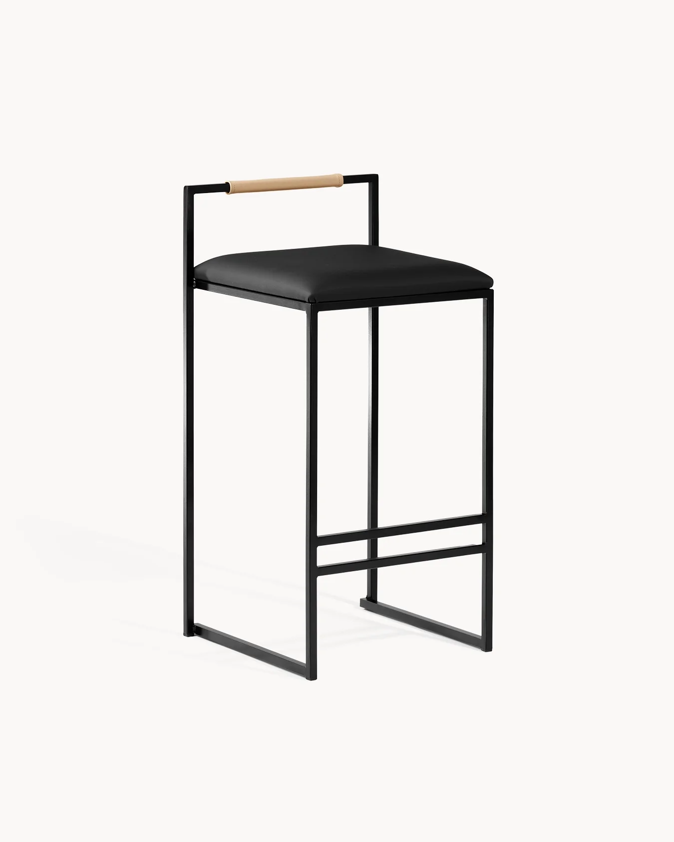 Bar Stool Freja - Black Frame - Black Leather Cushion - Latte Backrest