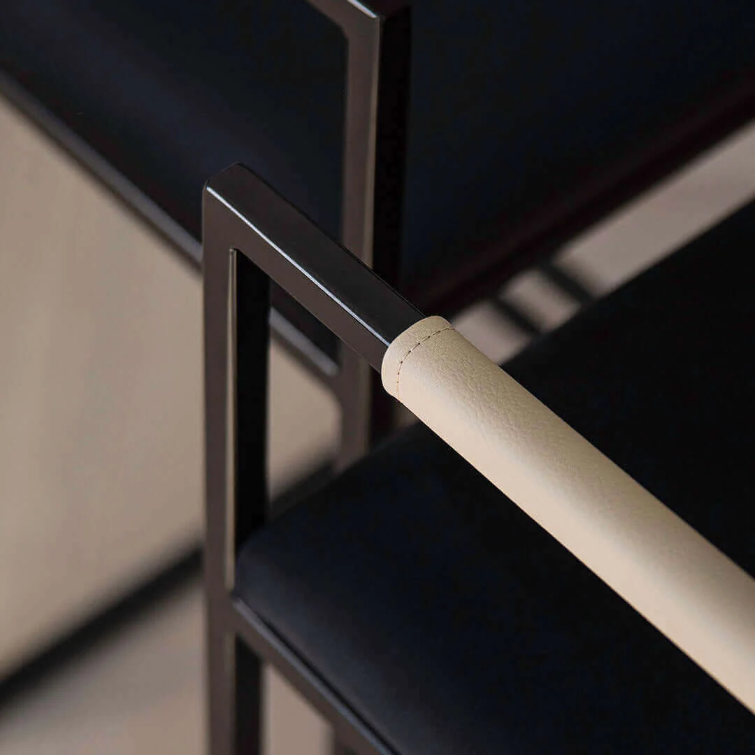 Bar Stool Freja - Black Frame - Black Leather Cushion - Latte Backrest - Image 7