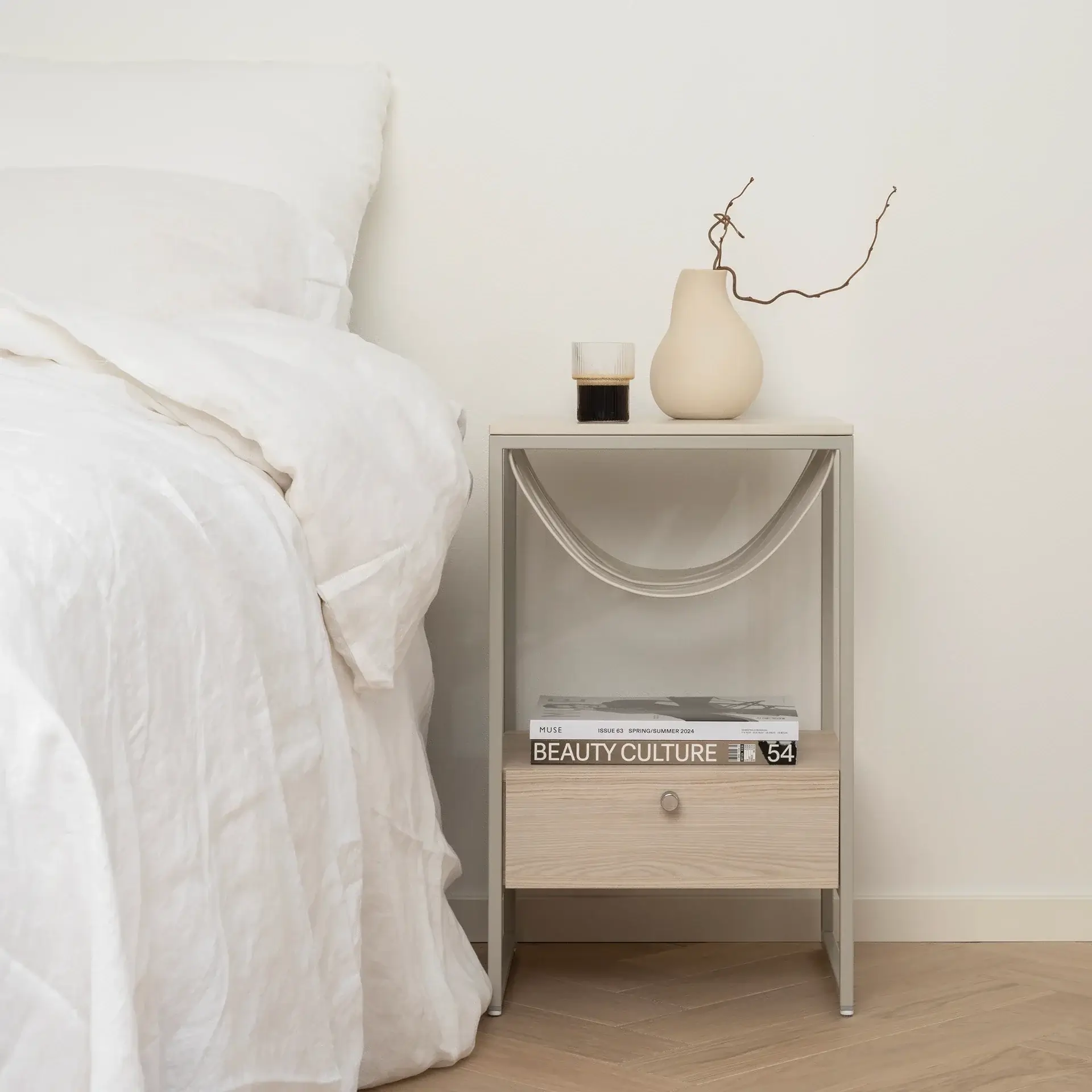 Bedside table Iris  - Beige - Sand Leather Straps - Lunar Dekton Top - Image 2
