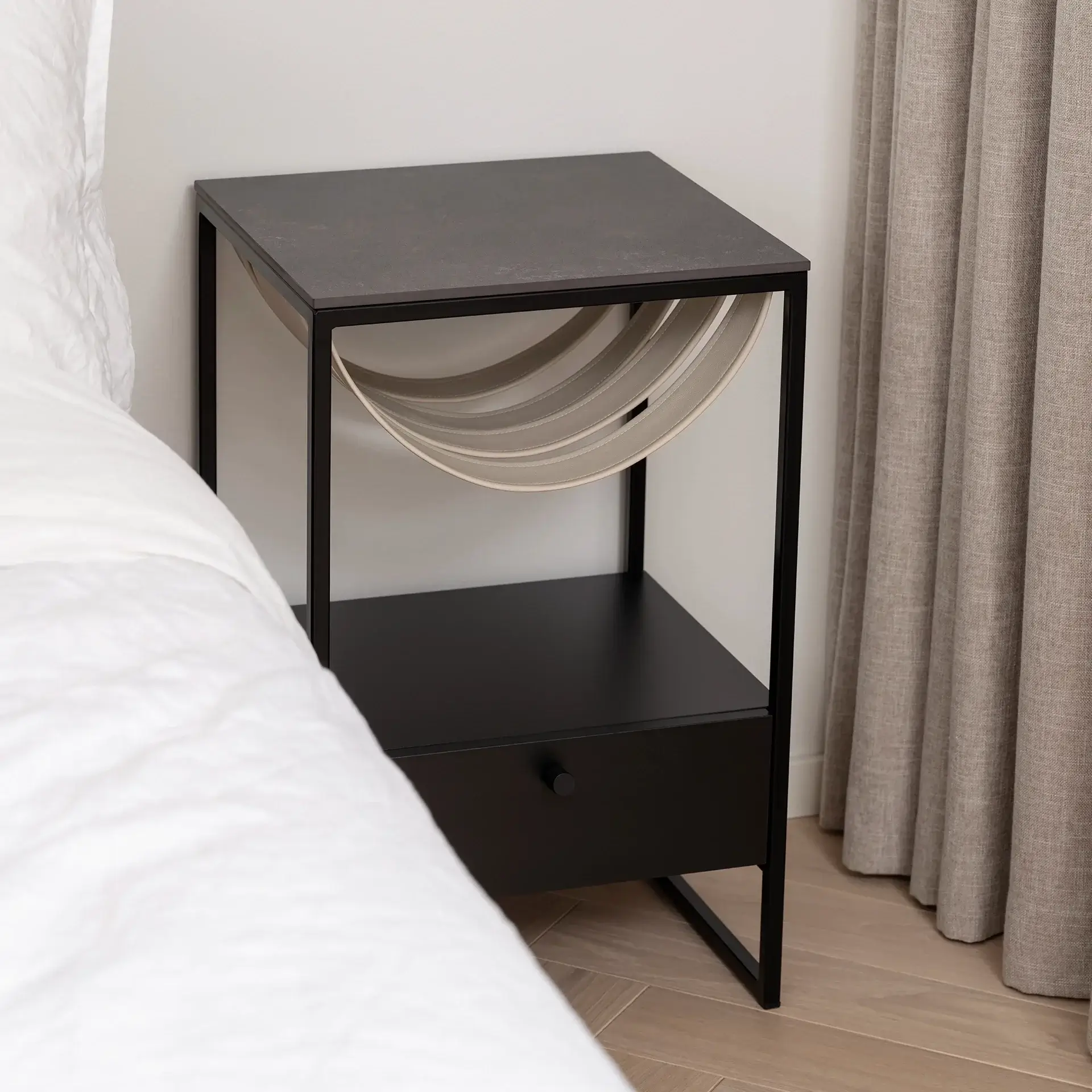 Bedside table Iris - Black - Latte Leather Straps - Kelya Dekton Top - Image 3